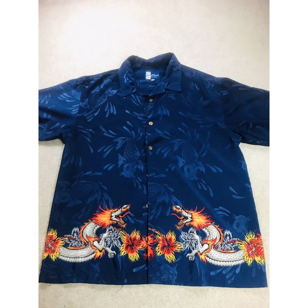ISLAND SERIES HAWAIIAN MENS BLUE FISH DRAGON SHORT SLEEVE SHIRT USA MADE SIZE L